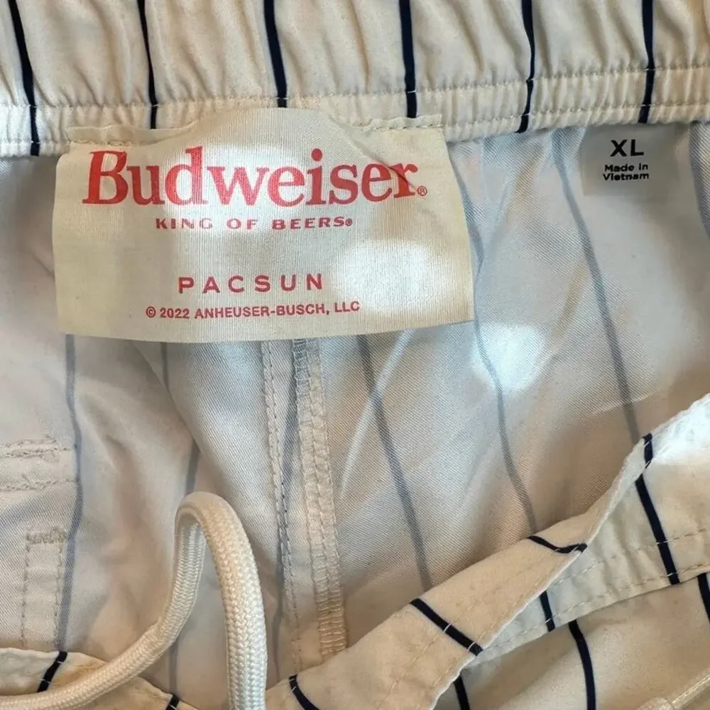 Budweiser x PacSun Pinstripe Swim Trunks XL Boardshorts Cream Navy